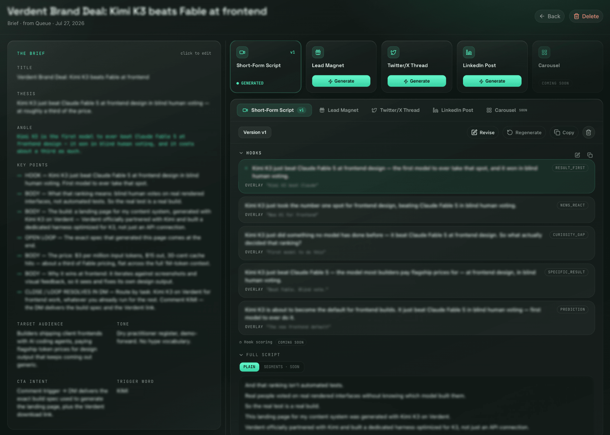 Brief detail view. The left column holds the brief's labelled fields — title, thesis, angle, key points, target audience, tone, CTA intent and trigger word. The right column fans out into format cards and a generated script with hooks tagged by strategy type.