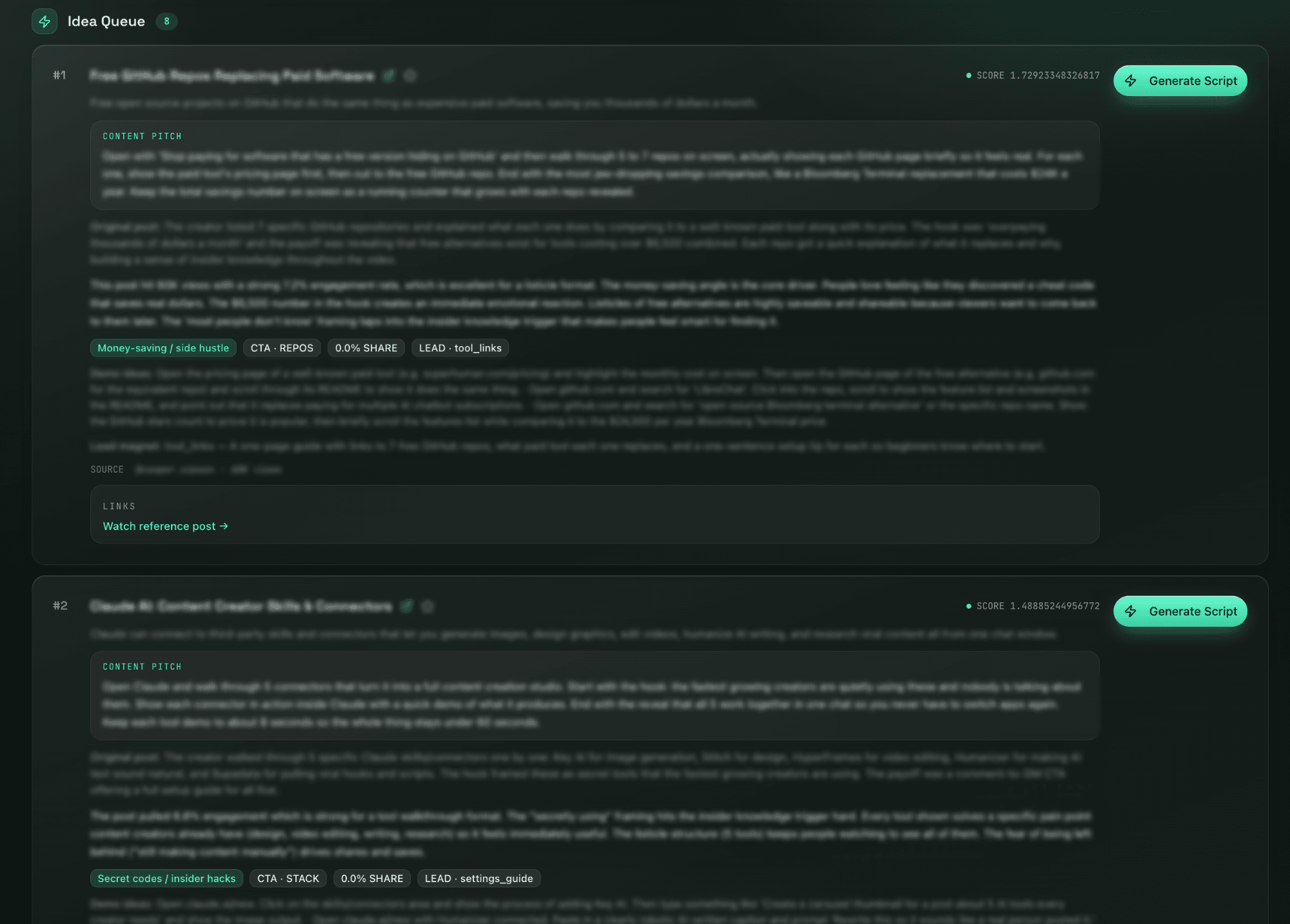 Idea queue: scored cards mined from high-engagement posts in the niche, each reverse-engineering its source post into a content pitch with tags and a generate-script action.