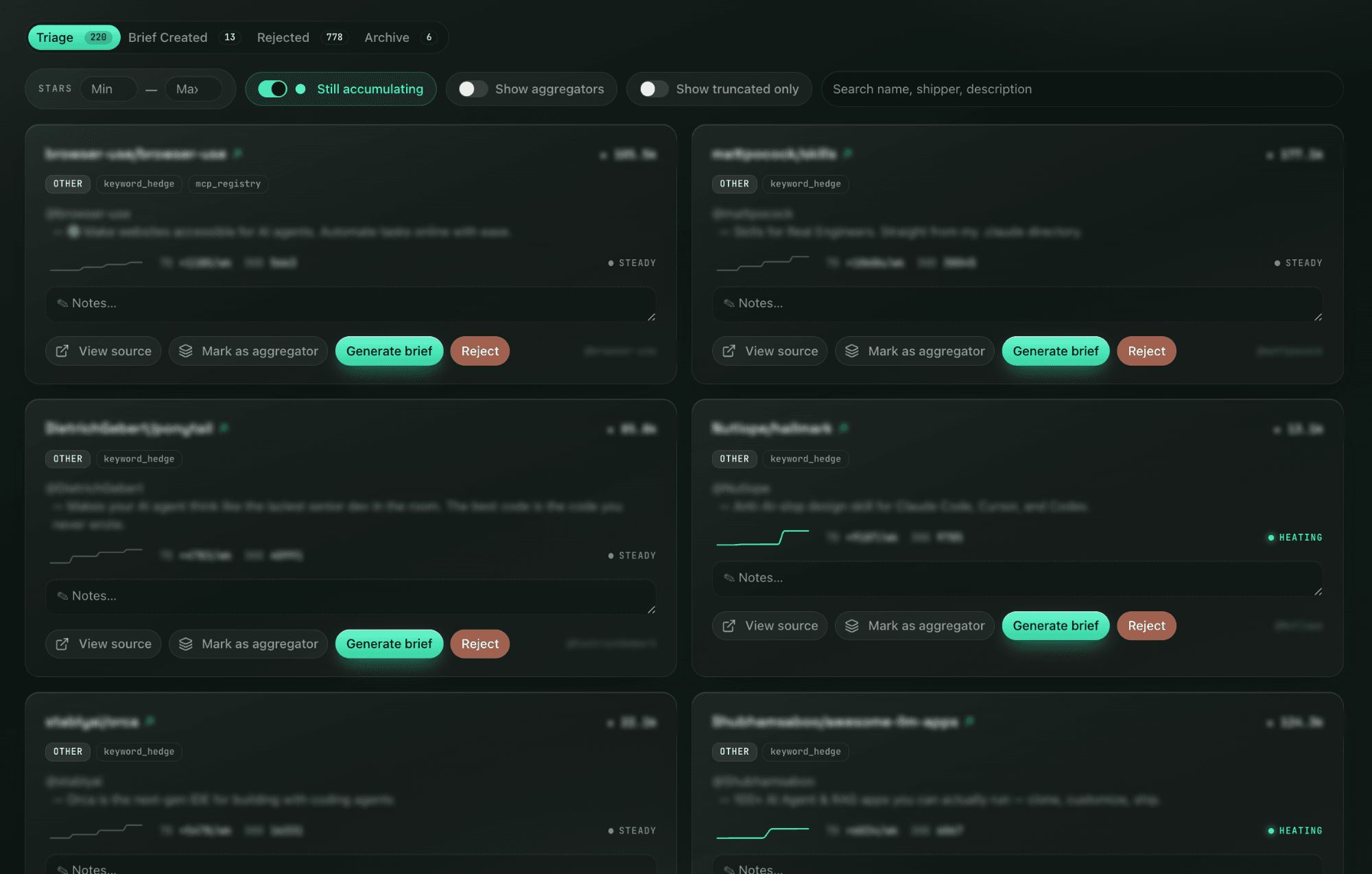 Ideation triage board: repository cards each showing a velocity sparkline and a steady or heating state, sorted across triage, brief-created, rejected and archive tabs.